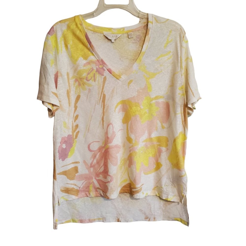 Ted Baker White/Yellow/Pink Watercolor Floral Ciana V-Neck‎ Linen Top 2
